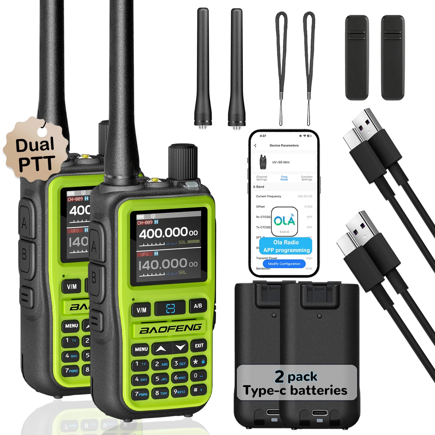 2 Pack Baofeng Walkie Talkie Mini Dual Band Radio 5W Bluetooth Type-C