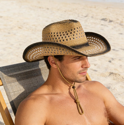 Windproof Strap Denim Straw Hat for Men Women Beach Outdoor Sun Protection