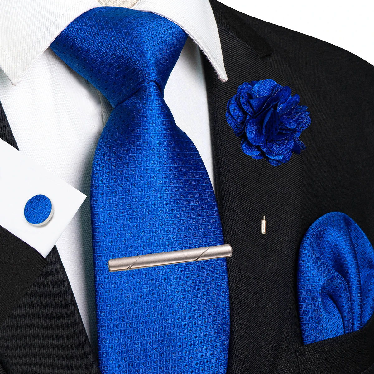 Men's Plaid Tie Clip Set with Pocket Square Cufflinks Wedding Accessories