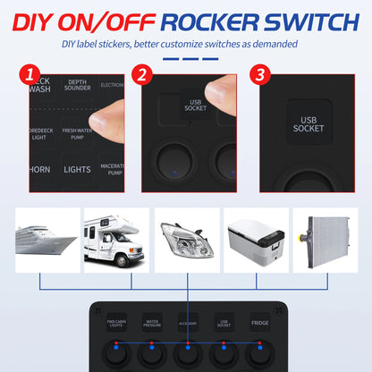 5 Gang Switch Panel 12V USB Voltmeter Toggle for Boat Car Truck RV ATV