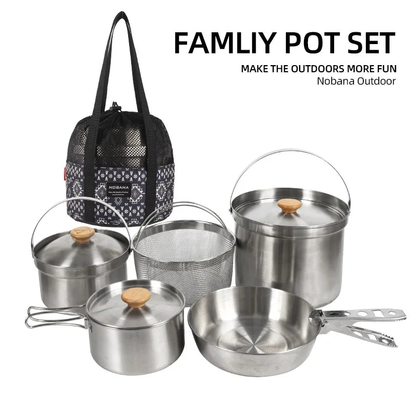 NOBANA Newest Outdoor Stainless Steel Pot Set Camping Family Pot Set 5L Portable Picnic Soup Pot Frying Steaming Household Pot-EXPROTAS