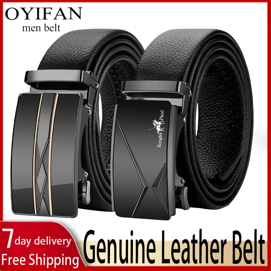OYIFAN Leather Belt Men Automatic Buckle Ratchet Sliding Dress Black Belts