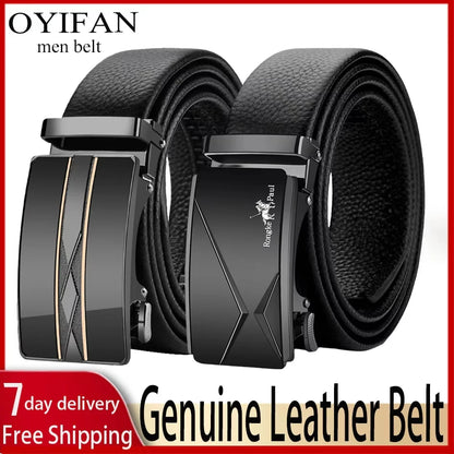 OYIFAN Leather Belt Men Automatic Buckle Ratchet Sliding Dress Black Belts