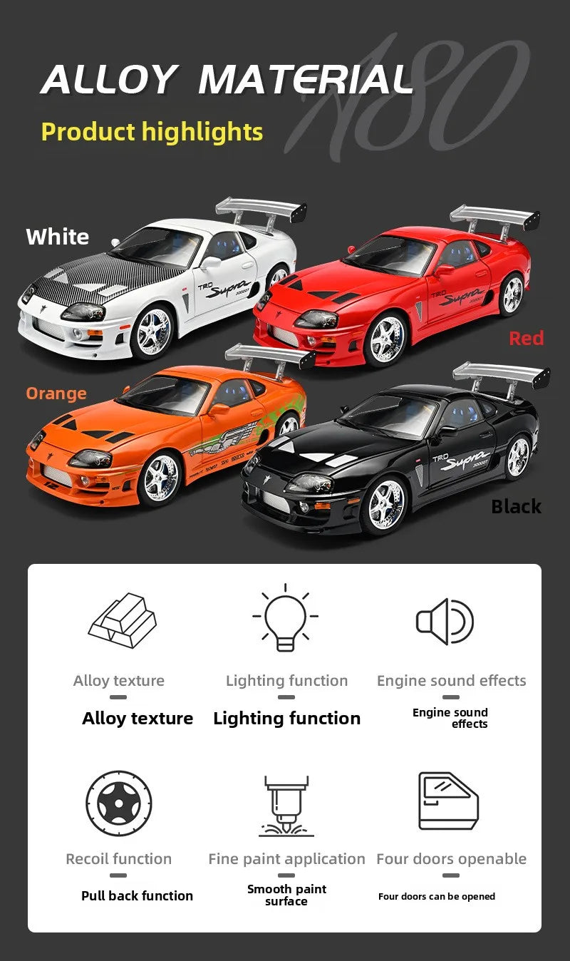 1:24 Fast & Furious Supra Alloy Diecast Sports Car Model, Pull Back Toy with Light & Sound Collectible Gift for Car Fans