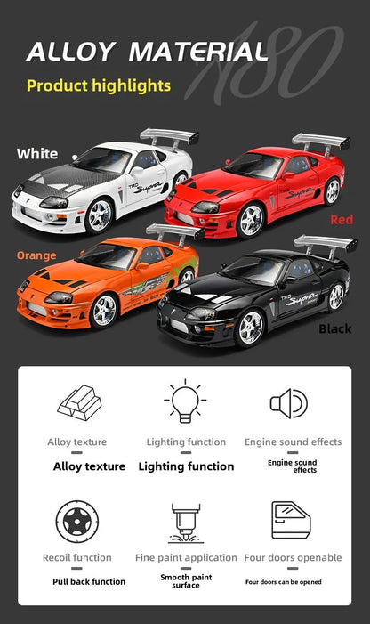 1:24 Fast & Furious Supra Alloy Diecast Sports Car Model, Pull Back Toy with Light & Sound Collectible Gift for Car Fans