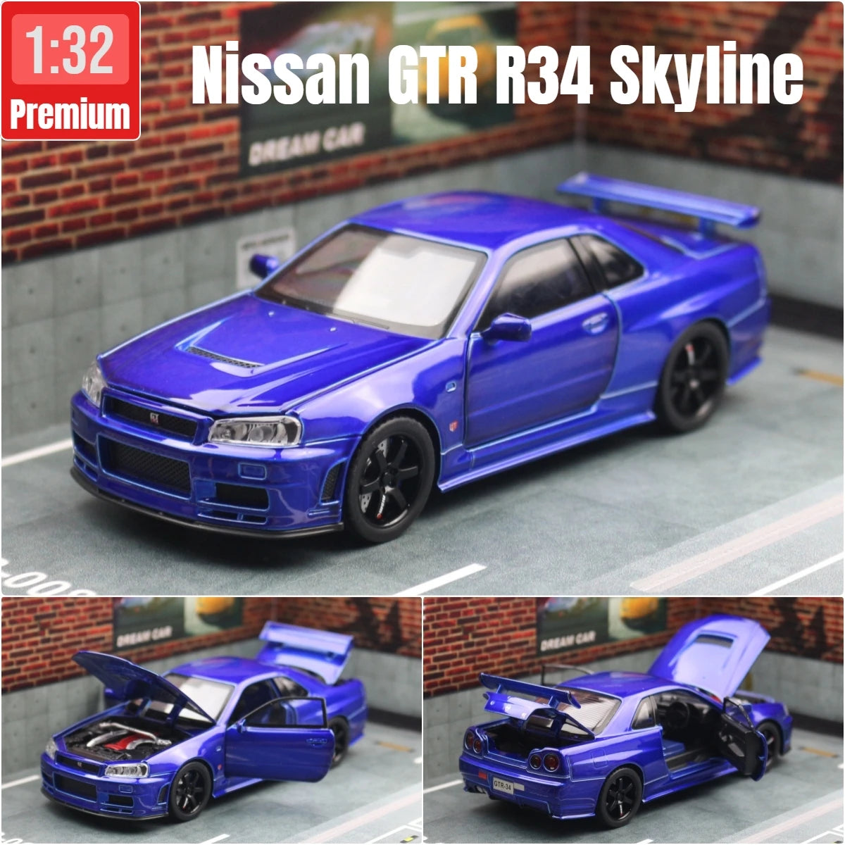 1/32 Nissan Skyline GTR R34 Diecast Model Car Sound Light JDM Toy Kids