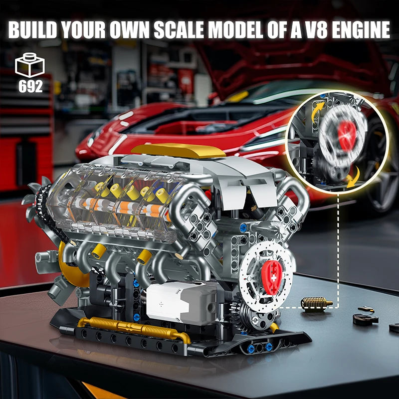 V8 Engine Car Building Blocks Model Motorized Toy Construction Set