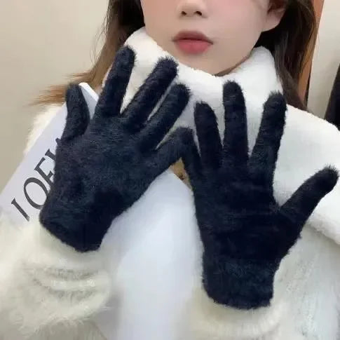 Warm Women Mink Velvet Finger Gloves Plush Five Finger Mittens Winter