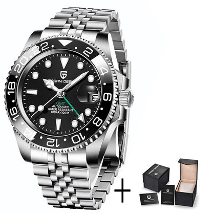 PAGAN DESIGN PD-1662 Luxury GMT Men Mechanical Wristwatch Sapphire Glass Stainless Steel 100M Waterproof Automatic Watches-EXPROTAS