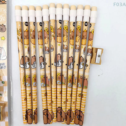 12Pcs Capybara Pencils Cute HB with Sharpener for School Stationery