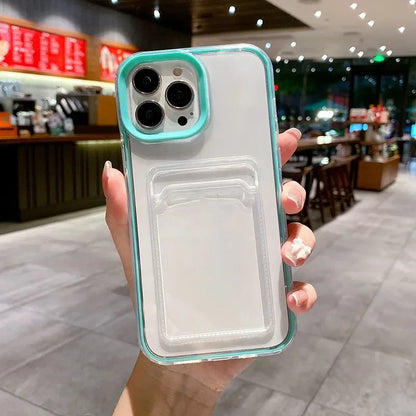 Transparent Card Holder Shockproof Soft Case for iPhone 12-16 Pro Max