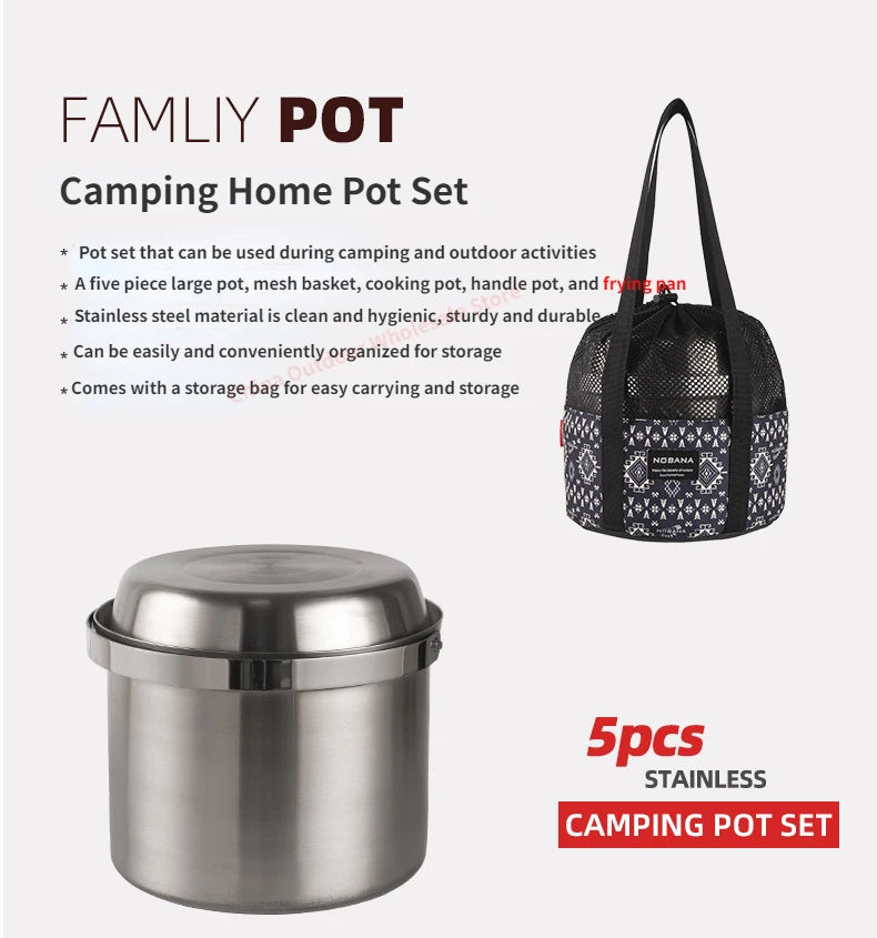 NOBANA Newest Outdoor Stainless Steel Pot Set Camping Family Pot Set 5L Portable Picnic Soup Pot Frying Steaming Household Pot-EXPROTAS