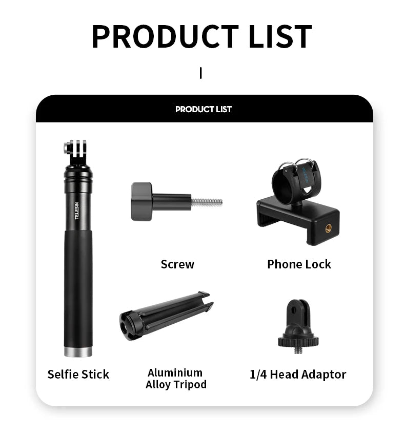 TELESIN 0.9M Aluminum Selfie Stick Monopod Tripod for GoPro Hero 12-6, Insta360, DJI, Phone