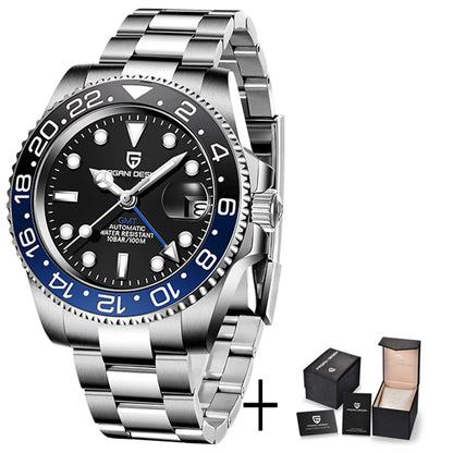 PAGAN DESIGN PD-1662 Luxury GMT Men Mechanical Wristwatch Sapphire Glass Stainless Steel 100M Waterproof Automatic Watches-EXPROTAS