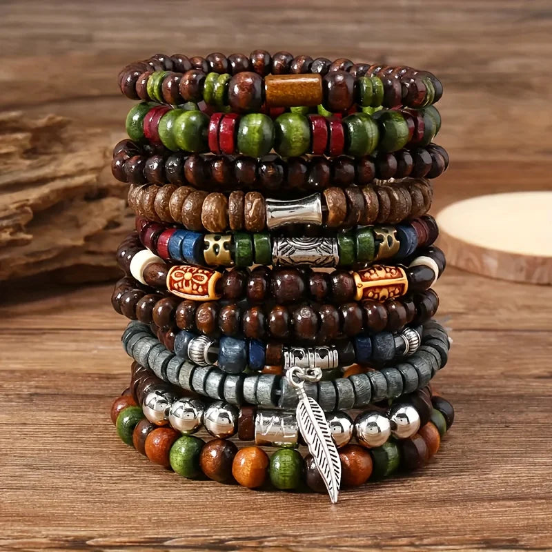 10Pcs Vintage Bohemia Men's Bracelets Stylish Leaves Wristwear Jewelry