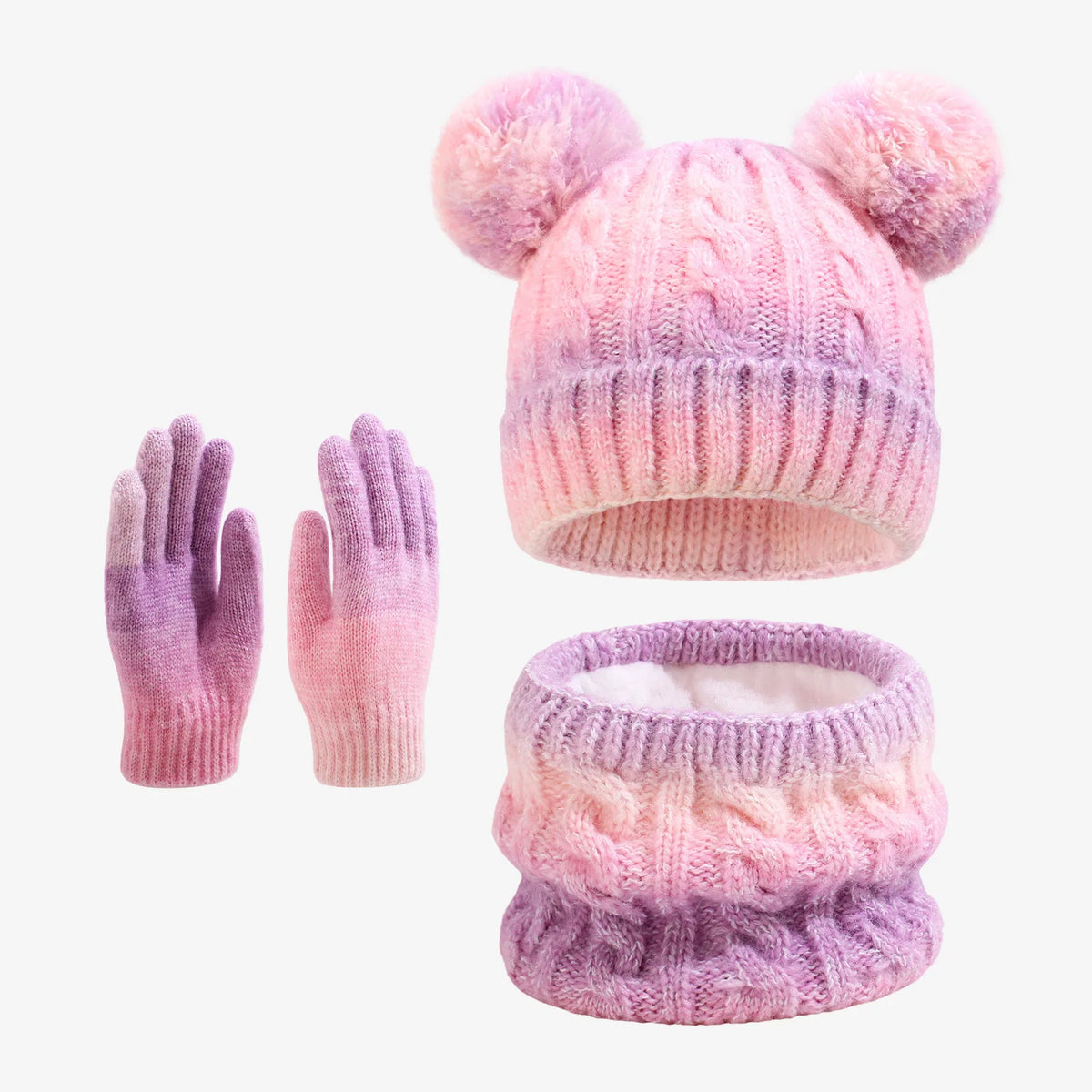 Kids Winter Hat Scarf Gloves 3Pcs Set Warm Knitted Beanie Pom