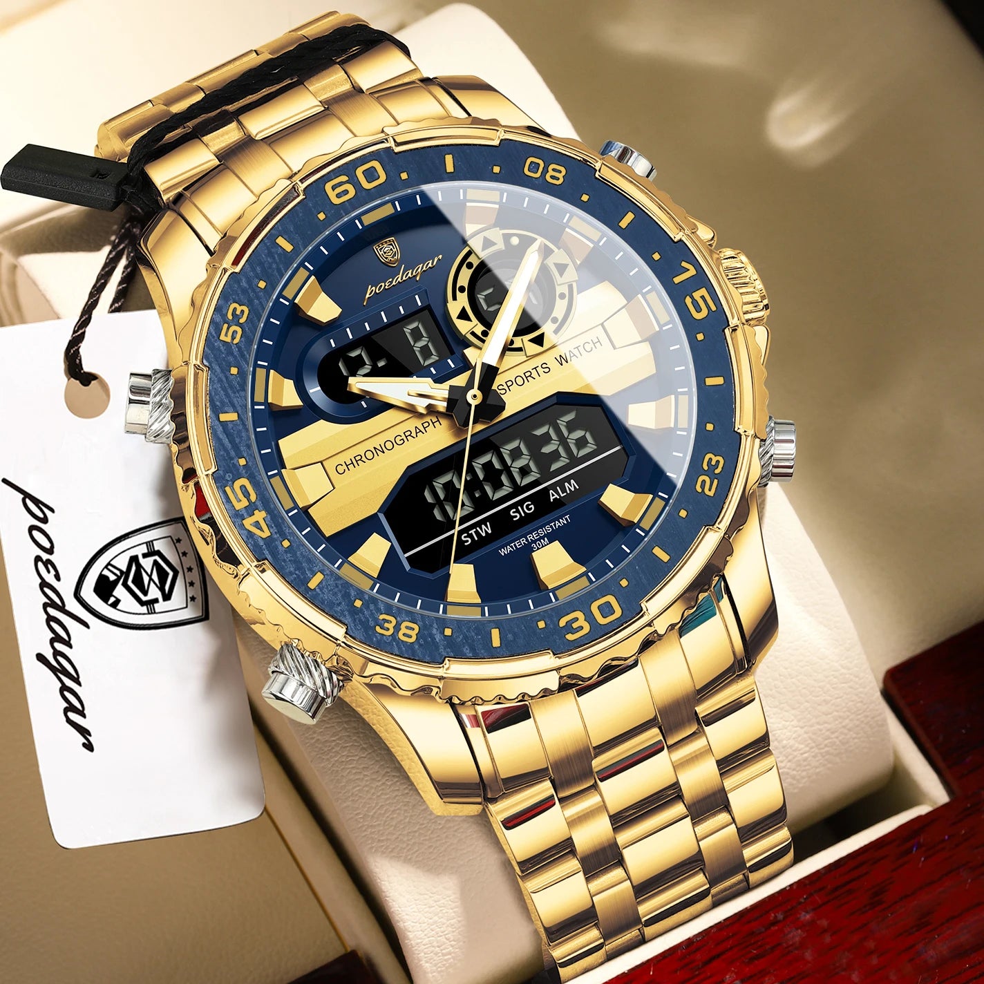 Stainless Steel Poedagar Men’s Waterproof Quartz Luminous Wristwatch Date