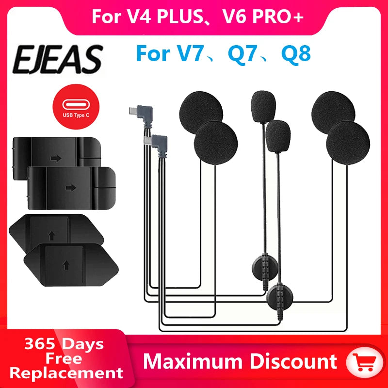 EJEAS V6 Pro+ V4 Plus Type-C Helmet Headset Earphone Speaker Mic Kit