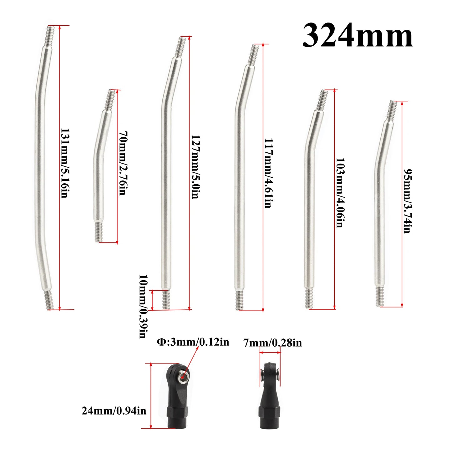 313/324mm Metal Upper Lower Link Set Plastic Rod Ends 1/10 RC Crawler SCX10 II