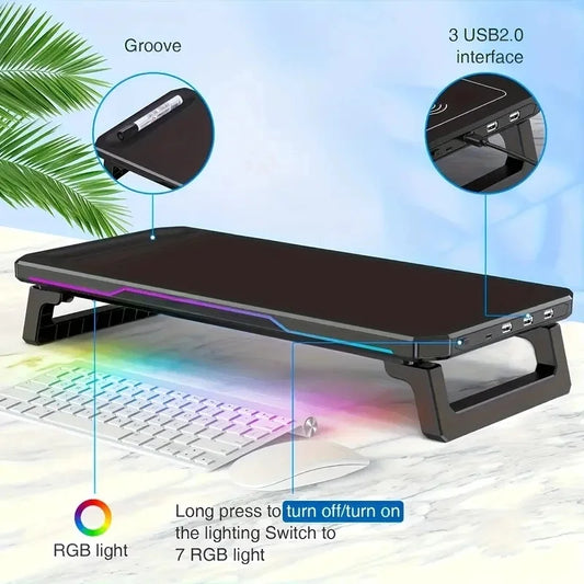 ITLY RGB Monitor Stand w/ 3 USB Ports Desktop Riser for PC Laptop 19.6"