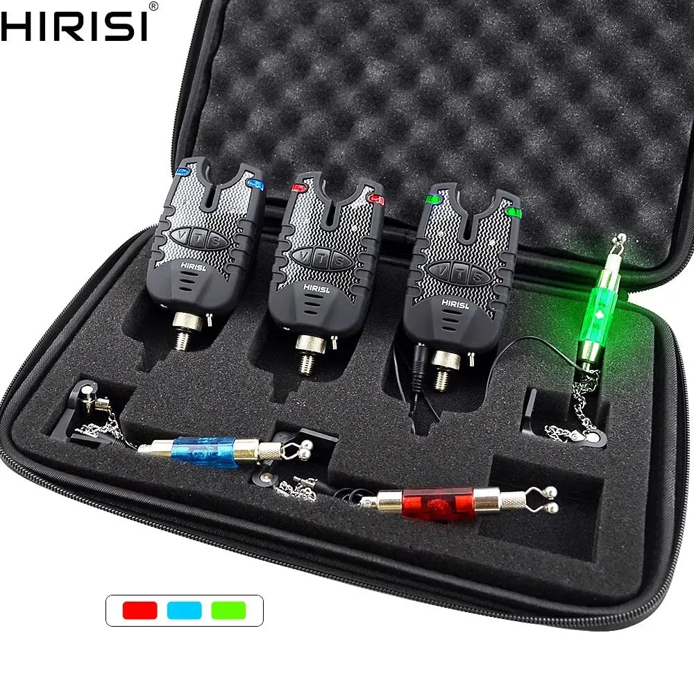 Hirisi 3 Carp Fishing Bite Alarm and Swinger Set Water Resistant Blue LED Fishing Swingers Fish Bite Indicator-EXPROTAS