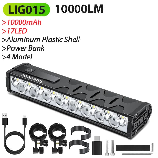 10000mAh Bicycle Headlight 17 LED USB Rechargeable Power Bank MTB Front Light