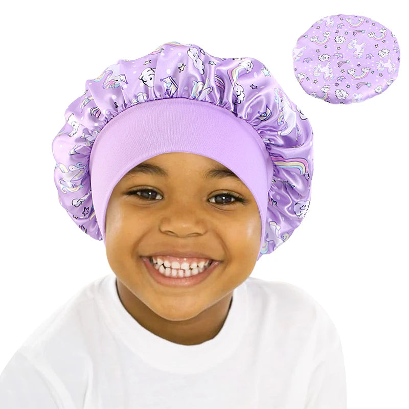 Curly Hair Adjustable Kids Satin Bonnet Sleep Cap Cartoon Hat for Baby