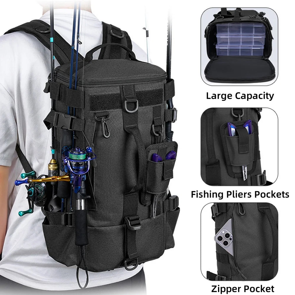 Tactical Fishing Backpack Tackle Bag with Rod Holders Large Molle Hiking