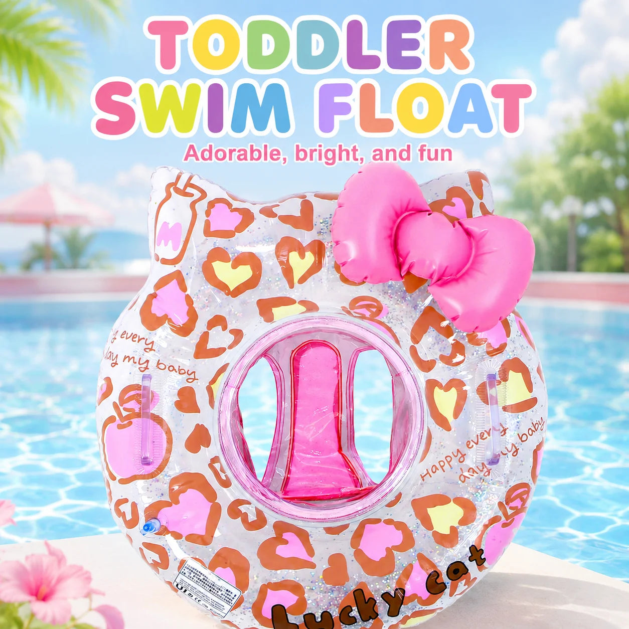 1PC Cute Cat Inflatable Swim Ring with Bowknot, Pool Floats Tube, Summer Water Toy Beach Swimming Circle for Family Pool Use