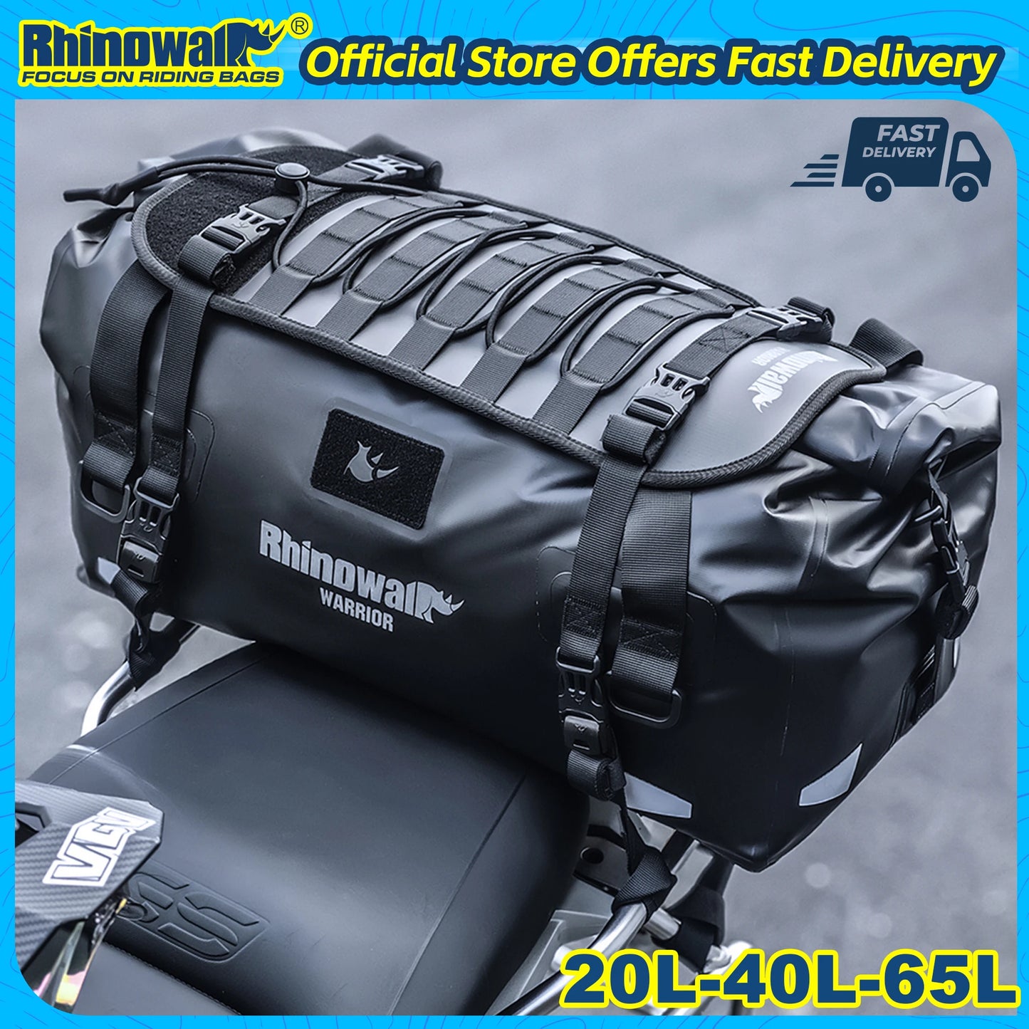 Rhinowalk Motorcycle Saddle Bag 20/40/65L Waterproof Tail Seat Luggage MOLLE