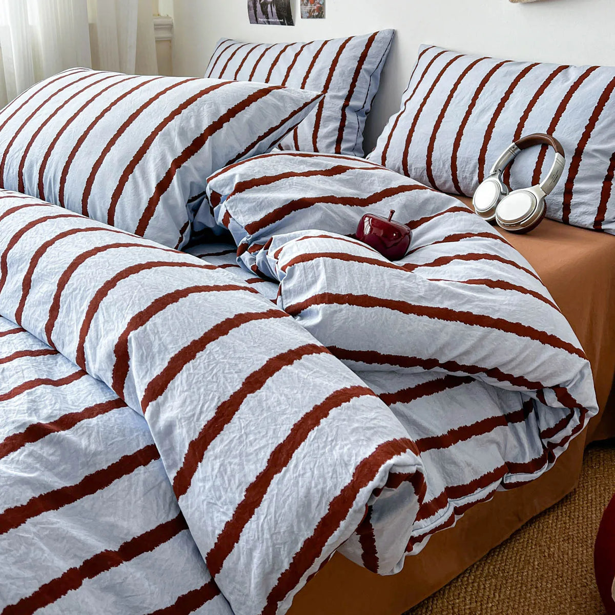 3pcs Pink Striped Duvet Cover Bedding Set with Pillowcases Soft Cotton 150x200cm