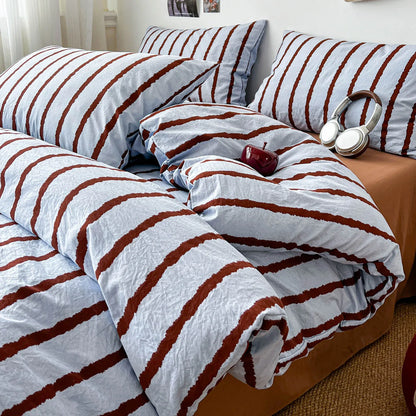 3pcs Pink Striped Duvet Cover Bedding Set with Pillowcases Soft Cotton 150x200cm