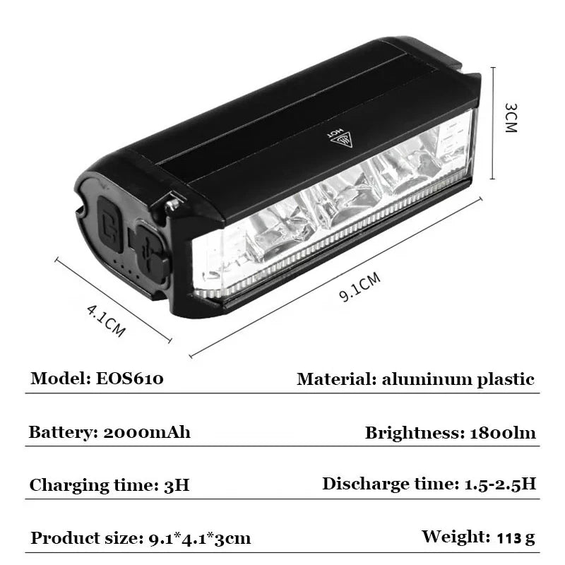 Rechargeable Bike Light 1800LM USB LED Front Rear Waterproof Ebike Lamp