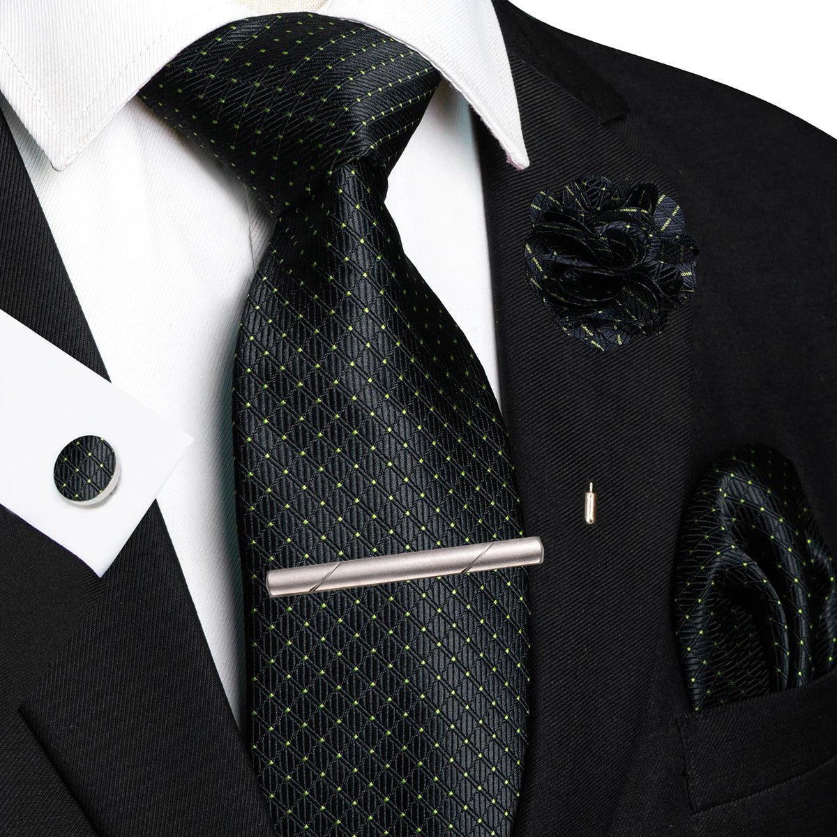 Men's Plaid Tie Clip Set with Pocket Square Cufflinks Wedding Accessories