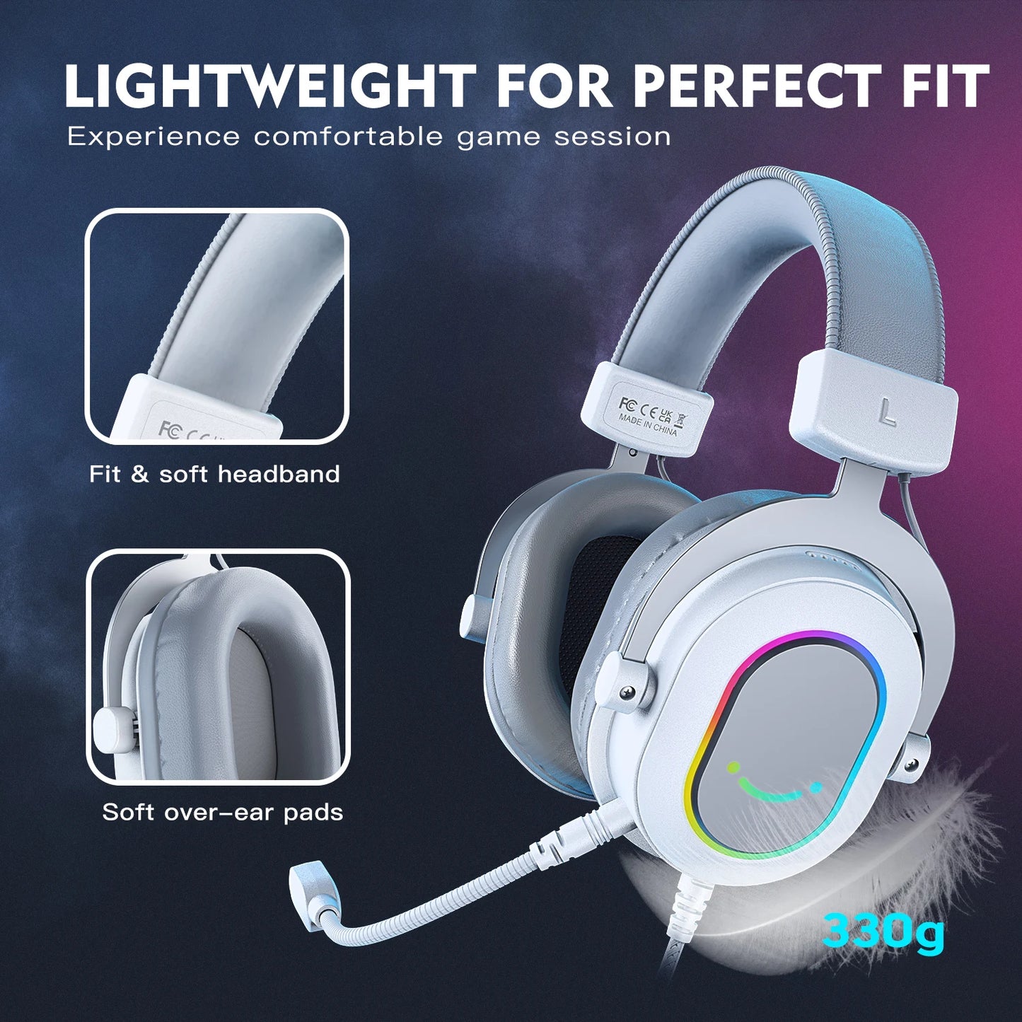 FIFINE Ampligame H6W RGB Gaming Headset 7.1 Surround 3-EQ Mic Inline Control for PC PS4 PS5