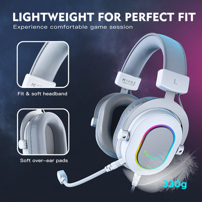 FIFINE Ampligame H6W RGB Gaming Headset 7.1 Surround 3-EQ Mic Inline Control for PC PS4 PS5