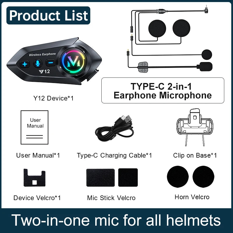 Y12 Motorcycle Helmet Bluetooth Headset Dual Mic FM Radio Waterproof Speaker