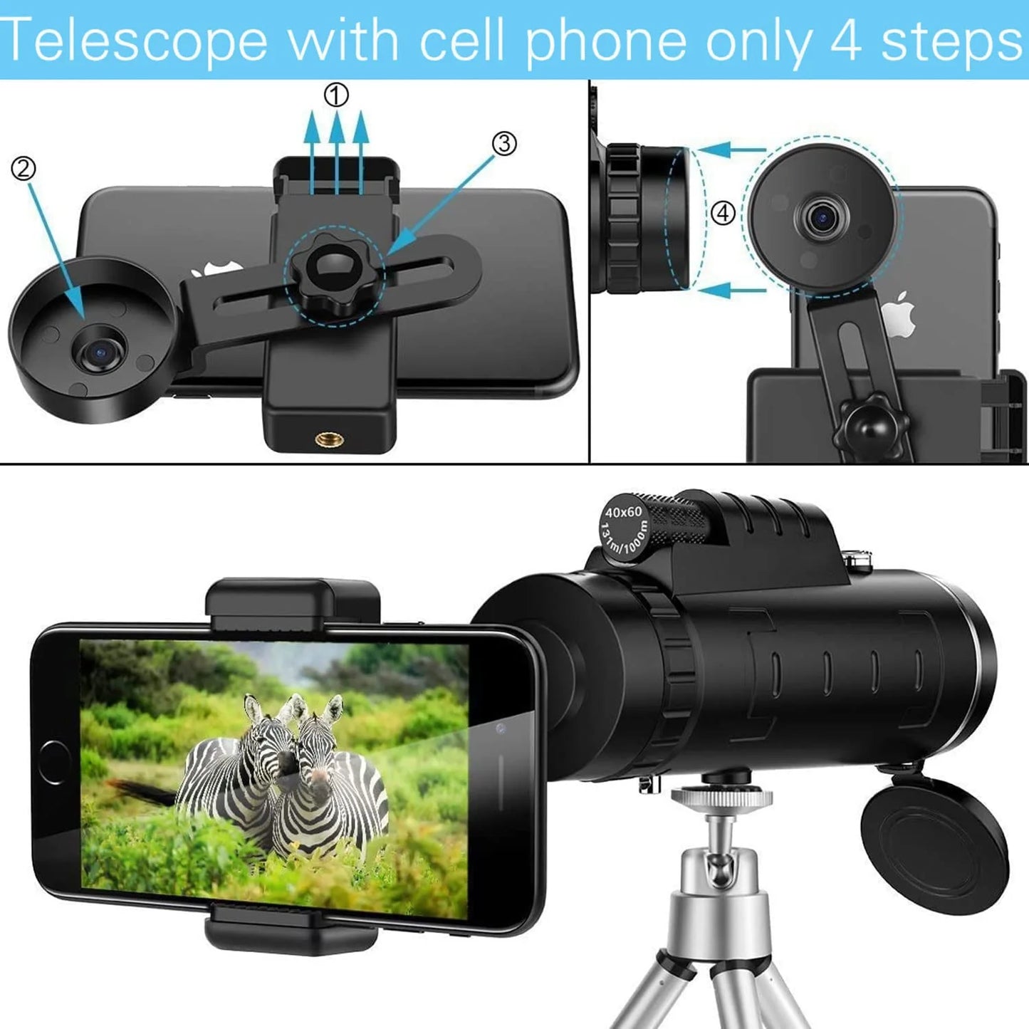40x60 HD Monocular Telescope Phone Adapter Waterproof Pocket Hunting Camping