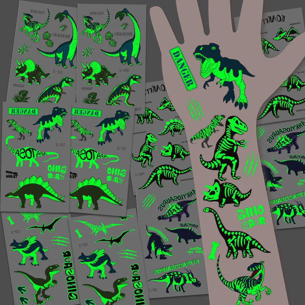 10 Sheets Luminous Dinosaur Temporary Tattoos Waterproof Kids T-Rex Glow