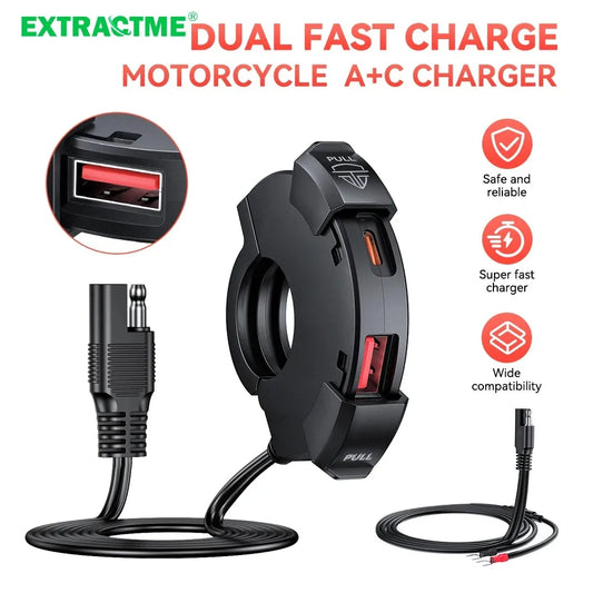 Motorcycle Phone Charger Dual USB Waterproof 30W PD Quick Charge Adapter