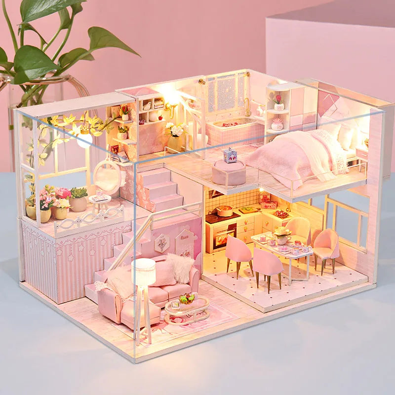 Wooden Miniature Duplex Dollhouse DIY 3D Puzzle Kit with Furniture LED Decoration Gift - EXPROTAS