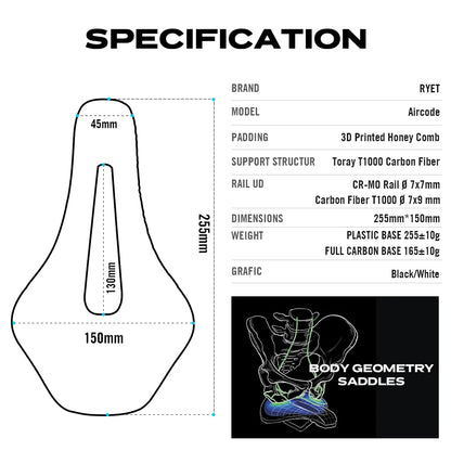 RYET 3D Printed Carbon Saddle Ultralight Hollow Breathable for MTB Gravel Road