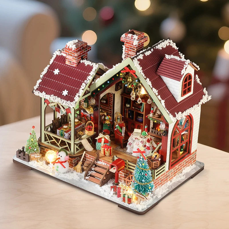 DIY Wooden Dollhouse Christmas Lodge Miniatures with LED Lights Assembly Model Gift - EXPROTAS