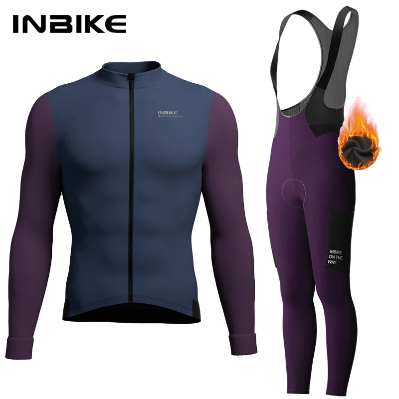 INBIKE Mens Winter Cycling Jersey Bib Tights Set Fleece Road Bike Pockets
