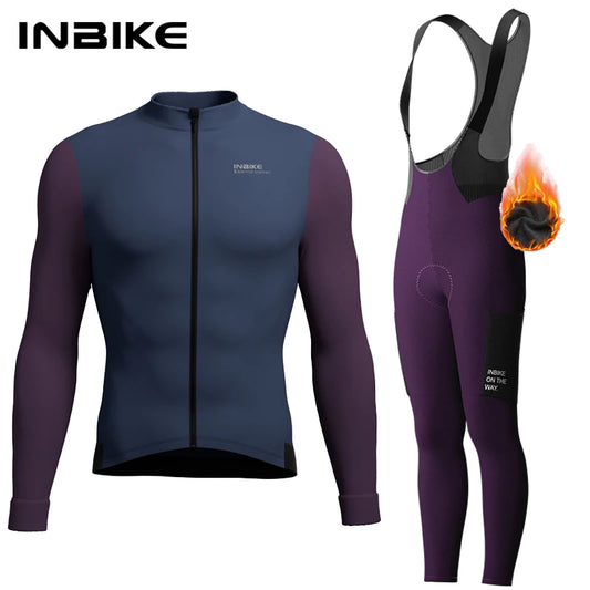INBIKE Mens Winter Cycling Jersey Bib Tights Set Fleece Road Bike Pockets