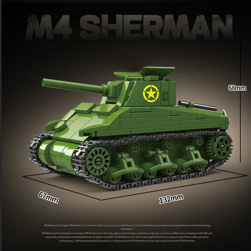 WW2 US M4 Sherman 75 Medium Tank Building Blocks Military Brick Model Educational Gift