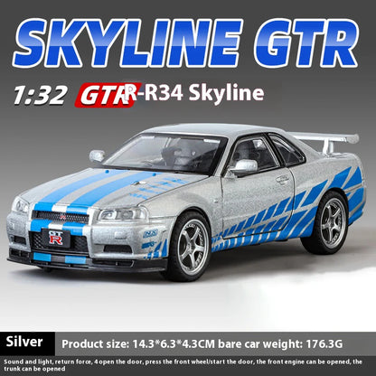 1:32 Nissan GTR R34 Skyline Supercar Alloy Metal Diecast Car Model Sound & Light Collection of Hobby Models Trendy Ornament Gift