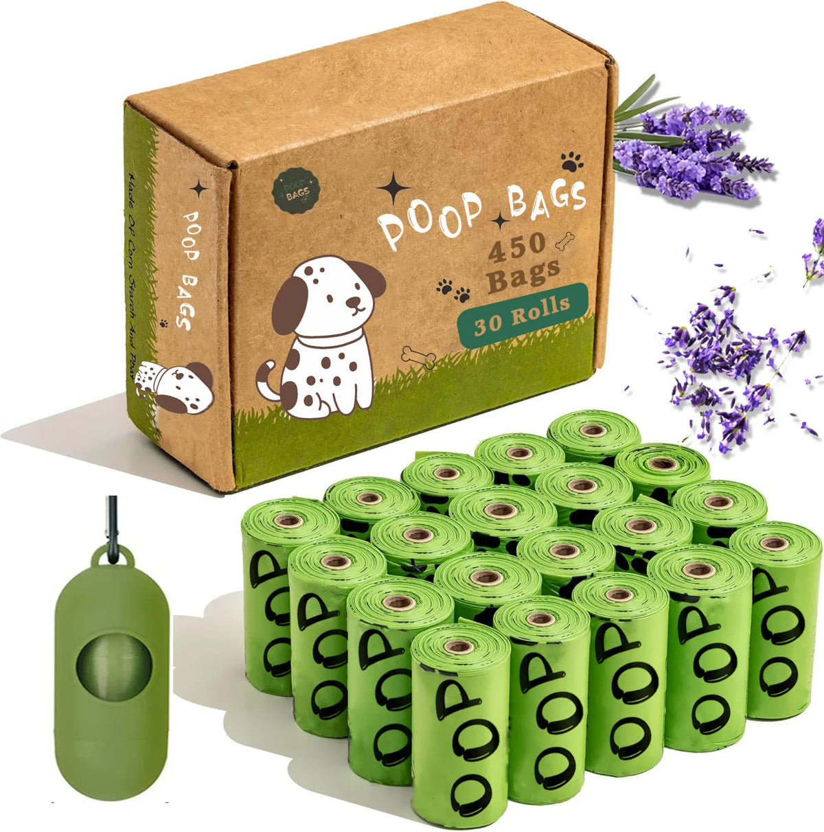 Biodegradable Dog Poop Bags Lavender Scented Extra Thick with Dispenser