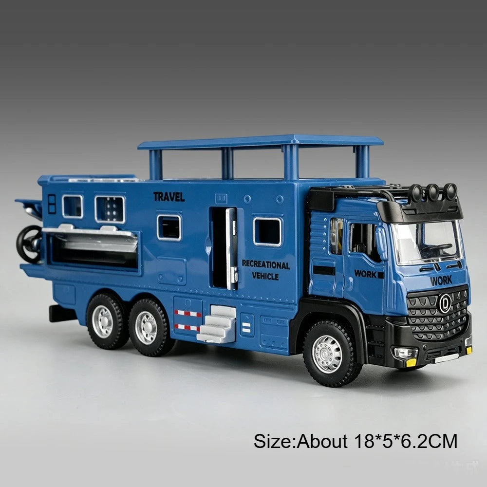 1:43 Diecast Camper Van Model Toy with Sound Light Adjustable Roof Doors