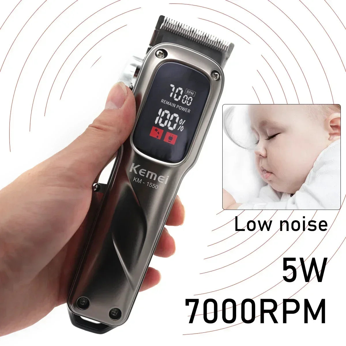 Kemei Cordless Hair Clipper Professional Trimmer USB LED Low Noise Cutting